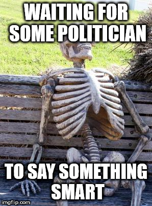 Waiting Skeleton | WAITING FOR SOME POLITICIAN; TO SAY SOMETHING SMART | image tagged in memes,waiting skeleton | made w/ Imgflip meme maker