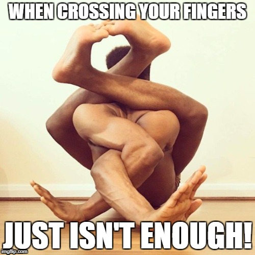 Lucky Man | WHEN CROSSING YOUR FINGERS; JUST ISN'T ENOUGH! | image tagged in fingers crossed,luck,ouch,pain,win,contortionist | made w/ Imgflip meme maker