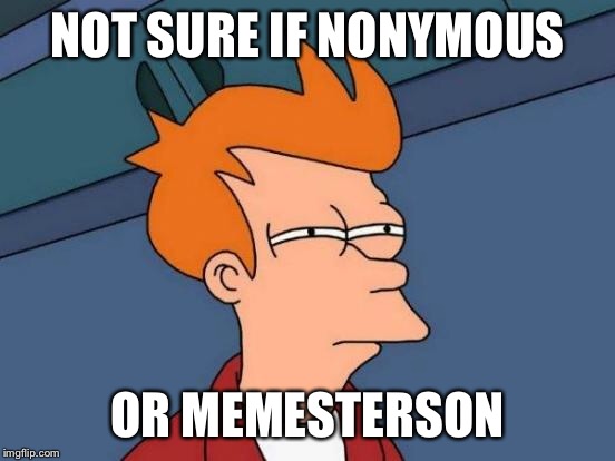 Futurama Fry Meme | NOT SURE IF NONYMOUS OR MEMESTERSON | image tagged in memes,futurama fry | made w/ Imgflip meme maker
