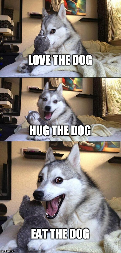 Bad Pun Dog Meme | LOVE THE DOG; HUG THE DOG; EAT THE DOG | image tagged in memes,bad pun dog | made w/ Imgflip meme maker