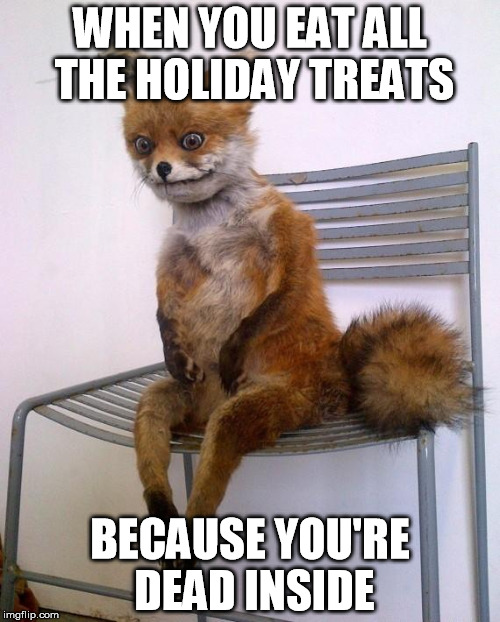Stoned Fox | WHEN YOU EAT ALL THE HOLIDAY TREATS; BECAUSE YOU'RE DEAD INSIDE | image tagged in stoned fox | made w/ Imgflip meme maker