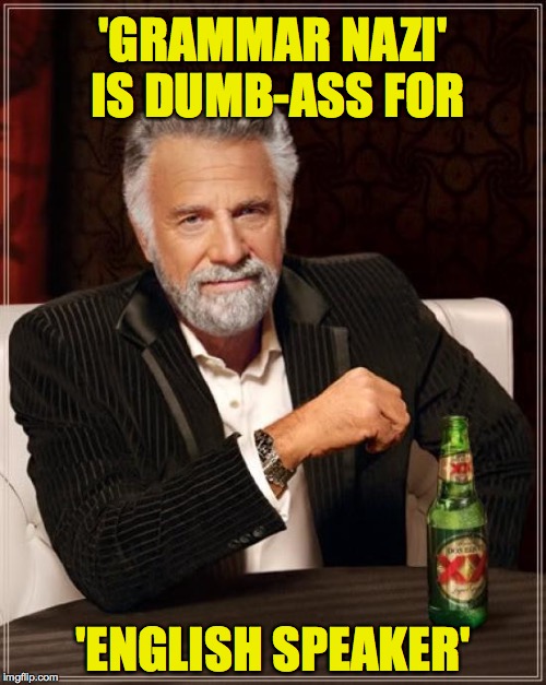How to speak dumb-ass | 'GRAMMAR NAZI' IS DUMB-ASS FOR; 'ENGLISH SPEAKER' | image tagged in memes,the most interesting man in the world,dumb-ass,dumbass | made w/ Imgflip meme maker