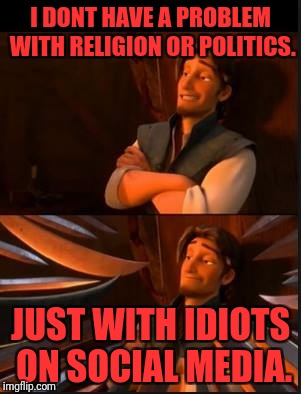 tangled 2 | I DONT HAVE A PROBLEM WITH RELIGION OR POLITICS. JUST WITH IDIOTS ON SOCIAL MEDIA. | image tagged in tangled 2 | made w/ Imgflip meme maker
