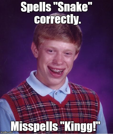 Bad Luck Brian Meme | Spells "Snake" correctly. Misspells "Kingg!" | image tagged in memes,bad luck brian | made w/ Imgflip meme maker