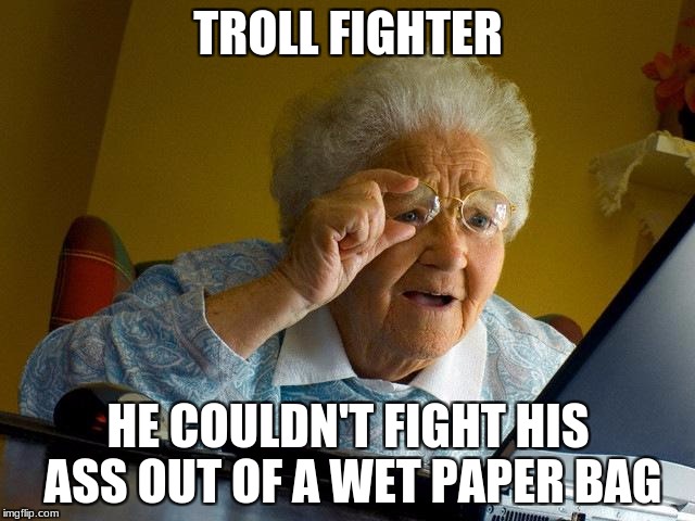 Grandma Finds The Internet | TROLL FIGHTER; HE COULDN'T FIGHT HIS ASS OUT OF A WET PAPER BAG | image tagged in memes,grandma finds the internet | made w/ Imgflip meme maker