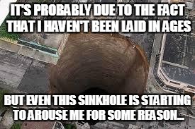 Sink hole | IT'S PROBABLY DUE TO THE FACT THAT I HAVEN'T BEEN LAID IN AGES; BUT EVEN THIS SINKHOLE IS STARTING TO AROUSE ME FOR SOME REASON... | image tagged in sink hole | made w/ Imgflip meme maker
