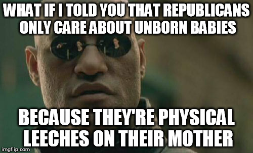 Matrix Morpheus Meme | WHAT IF I TOLD YOU THAT REPUBLICANS ONLY CARE ABOUT UNBORN BABIES; BECAUSE THEY'RE PHYSICAL LEECHES ON THEIR MOTHER | image tagged in memes,matrix morpheus | made w/ Imgflip meme maker