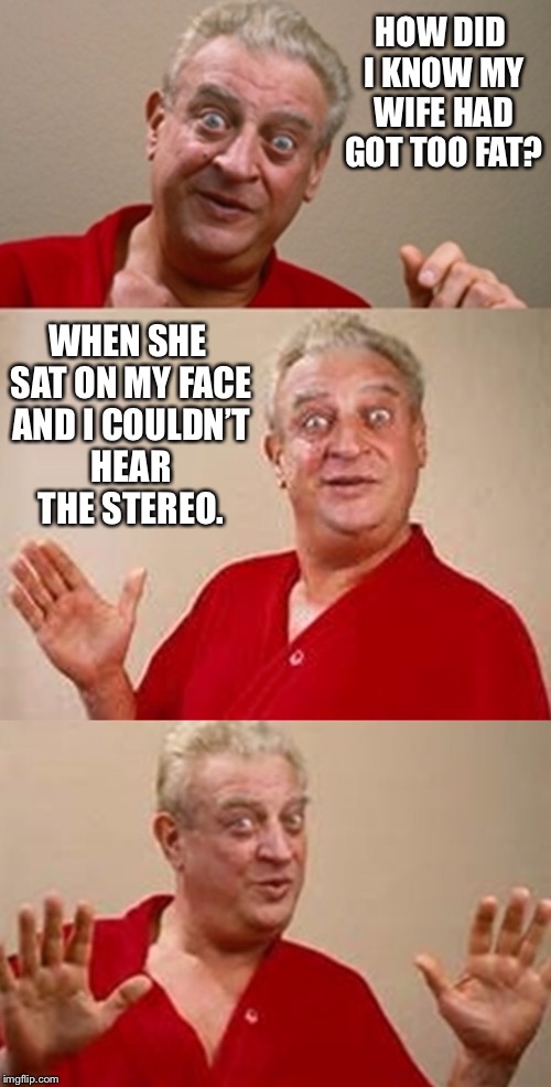 maybe it wasn’t loud enough? | HOW DID I KNOW MY WIFE HAD GOT TOO FAT? WHEN SHE SAT ON MY FACE AND I COULDN’T HEAR THE STEREO. | image tagged in rodney dangerfield,fat,obese,wife,music | made w/ Imgflip meme maker