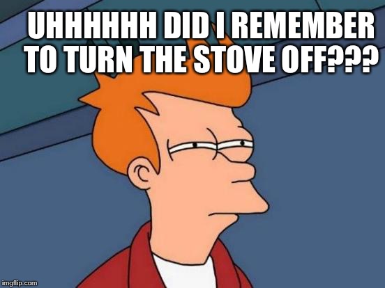 Futurama Fry | UHHHHHH DID I REMEMBER TO TURN THE STOVE OFF??? | image tagged in memes,futurama fry | made w/ Imgflip meme maker