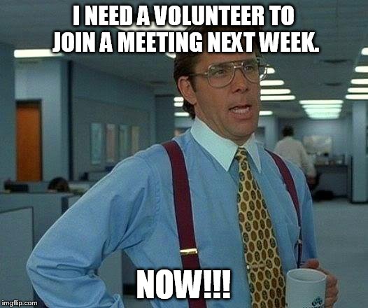 That Would Be Great | I NEED A VOLUNTEER TO JOIN A MEETING NEXT WEEK. NOW!!! | image tagged in memes,that would be great | made w/ Imgflip meme maker