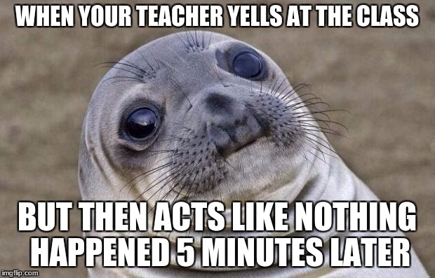 Awkward Moment Sealion | WHEN YOUR TEACHER YELLS AT THE CLASS; BUT THEN ACTS LIKE NOTHING HAPPENED 5 MINUTES LATER | image tagged in memes,awkward moment sealion | made w/ Imgflip meme maker