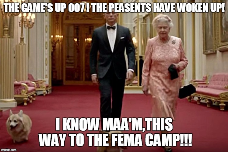 Bond & The Queen | THE GAME'S UP 007 ! THE PEASENTS HAVE WOKEN UP! I KNOW MAA'M,THIS WAY TO THE FEMA CAMP!!! | image tagged in bond  the queen | made w/ Imgflip meme maker