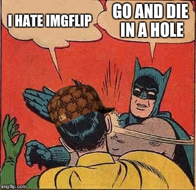 Batman Slapping Robin Meme | I HATE IMGFLIP; GO AND DIE IN A HOLE | image tagged in memes,batman slapping robin,scumbag | made w/ Imgflip meme maker
