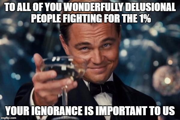 Your Ignorance is Important | TO ALL OF YOU WONDERFULLY DELUSIONAL PEOPLE FIGHTING FOR THE 1%; YOUR IGNORANCE IS IMPORTANT TO US | image tagged in memes,leonardo dicaprio cheers,rich,taxes | made w/ Imgflip meme maker