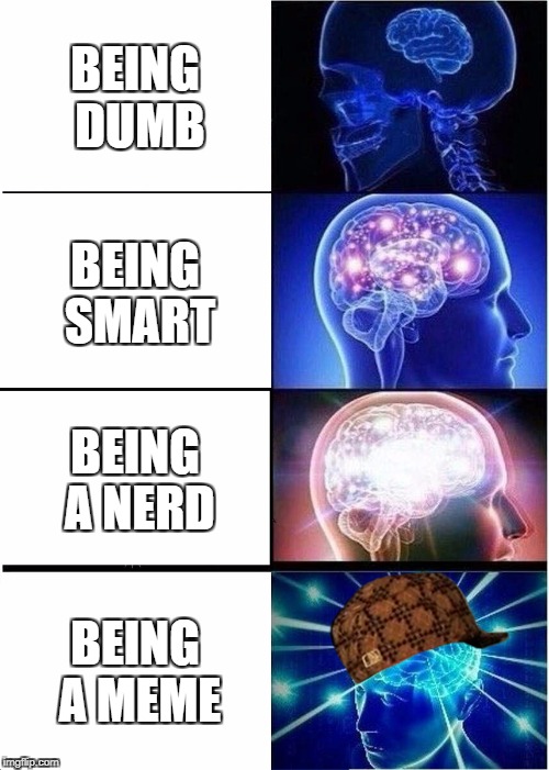 Expanding Brain Meme | BEING DUMB; BEING SMART; BEING A NERD; BEING A MEME | image tagged in memes,expanding brain,scumbag | made w/ Imgflip meme maker
