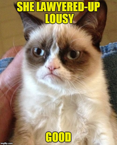 Grumpy Cat Meme | SHE LAWYERED-UP LOUSY GOOD | image tagged in memes,grumpy cat | made w/ Imgflip meme maker