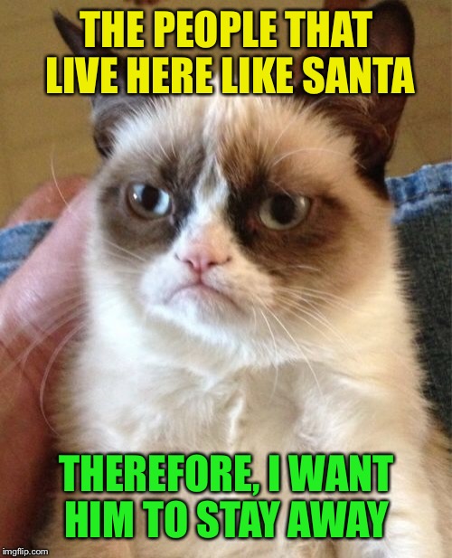 Grumpy Cat Meme | THE PEOPLE THAT LIVE HERE LIKE SANTA THEREFORE, I WANT HIM TO STAY AWAY | image tagged in memes,grumpy cat | made w/ Imgflip meme maker