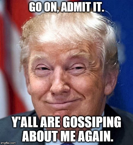 GO ON, ADMIT IT. Y'ALL ARE GOSSIPING ABOUT ME AGAIN. | image tagged in donald trump | made w/ Imgflip meme maker