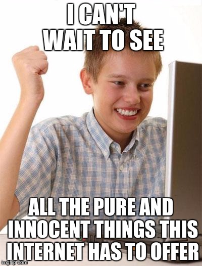 First Day On The Internet Kid | I CAN'T WAIT TO SEE; ALL THE PURE AND INNOCENT THINGS THIS INTERNET HAS TO OFFER | image tagged in memes,first day on the internet kid | made w/ Imgflip meme maker
