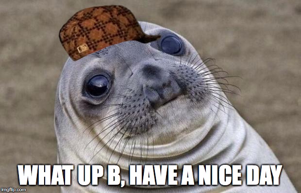 Awkward Moment Sealion Meme | WHAT UP B, HAVE A NICE DAY | image tagged in memes,awkward moment sealion,scumbag | made w/ Imgflip meme maker