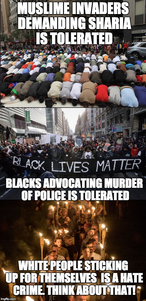 The anti white American hypocrisy | MUSLIME INVADERS DEMANDING SHARIA IS TOLERATED; BLACKS ADVOCATING MURDER OF POLICE IS TOLERATED; WHITE PEOPLE STICKING UP FOR THEMSELVES  IS A HATE CRIME. THINK ABOUT THAT! | image tagged in immigration,marches,charlottesville,altright | made w/ Imgflip meme maker