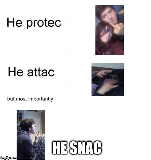 He protec he attac but most importantly | HE SNAC | image tagged in he protec he attac but most importantly | made w/ Imgflip meme maker