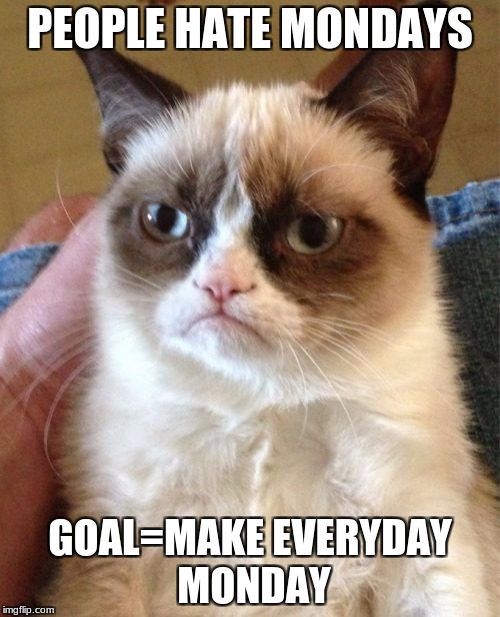 Grumpy Cat Meme | PEOPLE HATE MONDAYS; GOAL=MAKE EVERYDAY MONDAY | image tagged in memes,grumpy cat | made w/ Imgflip meme maker