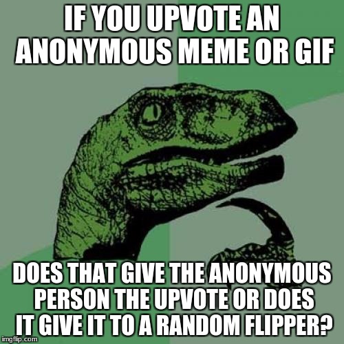 Philosoraptor Meme | IF YOU UPVOTE AN ANONYMOUS MEME OR GIF; DOES THAT GIVE THE ANONYMOUS PERSON THE UPVOTE OR DOES IT GIVE IT TO A RANDOM FLIPPER? | image tagged in memes,philosoraptor | made w/ Imgflip meme maker