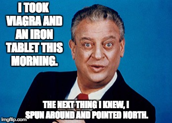 Rodney | I TOOK VIAGRA AND AN IRON TABLET THIS MORNING. THE NEXT THING I KNEW, I SPUN AROUND AND POINTED NORTH. | image tagged in rodney | made w/ Imgflip meme maker