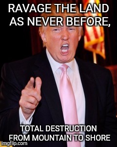 Donald Trump | RAVAGE THE LAND AS NEVER BEFORE, TOTAL DESTRUCTION FROM MOUNTAIN TO SHORE | image tagged in donald trump | made w/ Imgflip meme maker