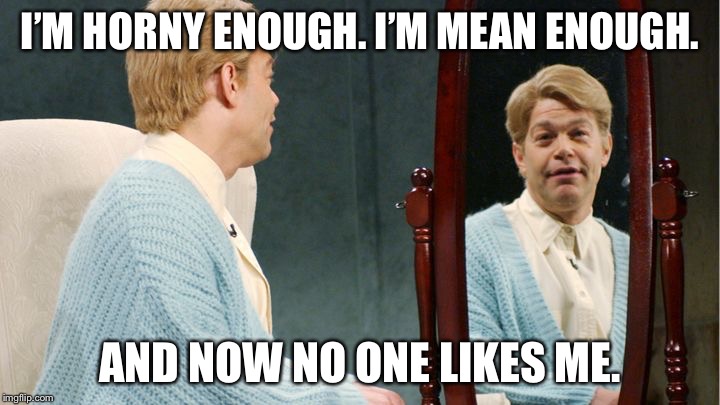 Democrats turn on Al Franken. #TMI |  I’M HORNY ENOUGH. I’M MEAN ENOUGH. AND NOW NO ONE LIKES ME. | image tagged in stuart smalley,al franken | made w/ Imgflip meme maker