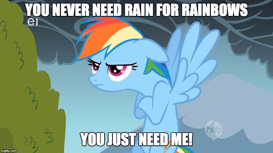 Grumpy Pony | YOU NEVER NEED RAIN FOR RAINBOWS YOU JUST NEED ME! | image tagged in grumpy pony | made w/ Imgflip meme maker