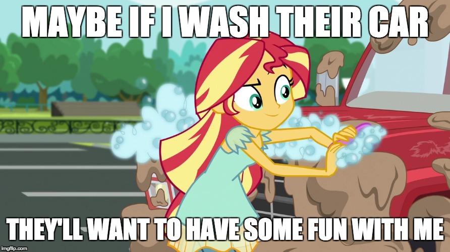 If you know what she means! | MAYBE IF I WASH THEIR CAR; THEY'LL WANT TO HAVE SOME FUN WITH ME | image tagged in memes,sunset shimmer,a little something | made w/ Imgflip meme maker