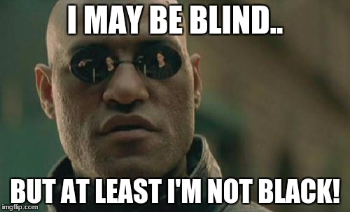 Matrix Morpheus Meme | I MAY BE BLIND.. BUT AT LEAST I'M NOT BLACK! | image tagged in memes,matrix morpheus | made w/ Imgflip meme maker
