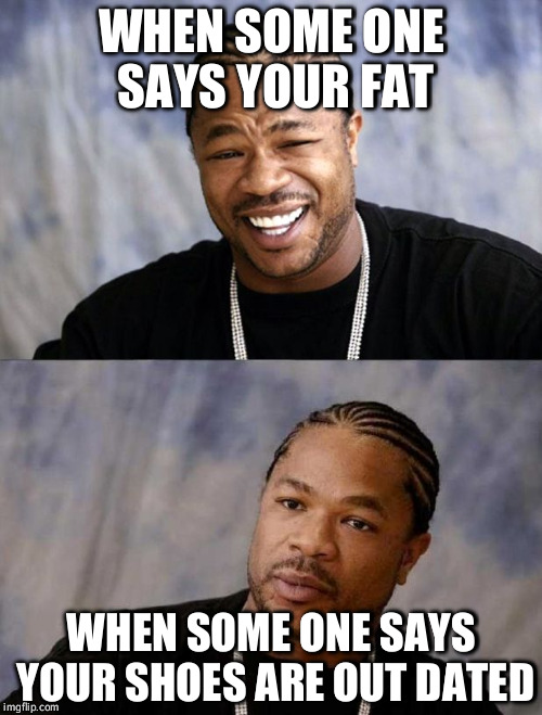 Yo Dawg Reaction | WHEN SOME ONE SAYS YOUR FAT; WHEN SOME ONE SAYS YOUR SHOES ARE OUT DATED | image tagged in yo dawg reaction | made w/ Imgflip meme maker