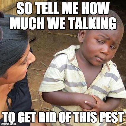 Third World Skeptical Kid Meme | SO TELL ME HOW MUCH WE TALKING; TO GET RID OF THIS PEST | image tagged in memes,third world skeptical kid | made w/ Imgflip meme maker