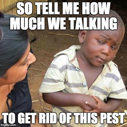 Third World Skeptical Kid | SO TELL ME HOW MUCH WE TALKING; TO GET RID OF THIS PEST | image tagged in memes,third world skeptical kid | made w/ Imgflip meme maker