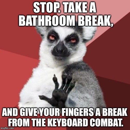 Keyboard warrior lemur | STOP. TAKE A BATHROOM BREAK, AND GIVE YOUR FINGERS A BREAK FROM THE KEYBOARD COMBAT. | image tagged in memes,chill out lemur,keyboard warriors,internet trolls,finger,bathroom stall | made w/ Imgflip meme maker