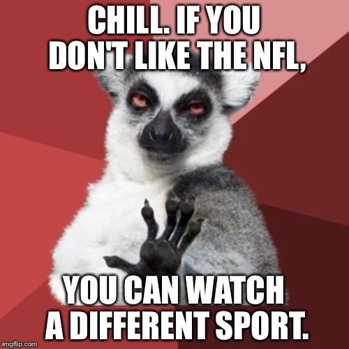 NFL ain't that damn important | CHILL. IF YOU DON'T LIKE THE NFL, YOU CAN WATCH A DIFFERENT SPORT. | image tagged in memes,chill out lemur,nfl football,sports fans,watch,switch | made w/ Imgflip meme maker