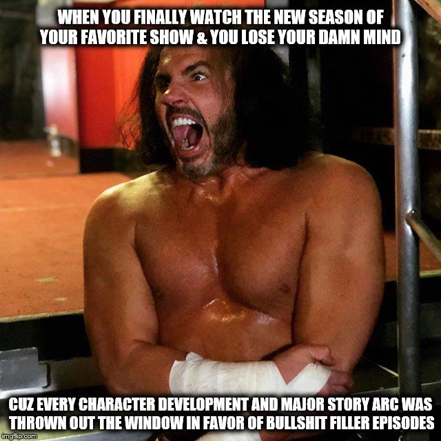 Broken Matt Hardy Meme | WHEN YOU FINALLY WATCH THE NEW SEASON OF YOUR FAVORITE SHOW & YOU LOSE YOUR DAMN MIND; CUZ EVERY CHARACTER DEVELOPMENT AND MAJOR STORY ARC WAS THROWN OUT THE WINDOW IN FAVOR OF BULLSHIT FILLER EPISODES | image tagged in broken matt hardy | made w/ Imgflip meme maker