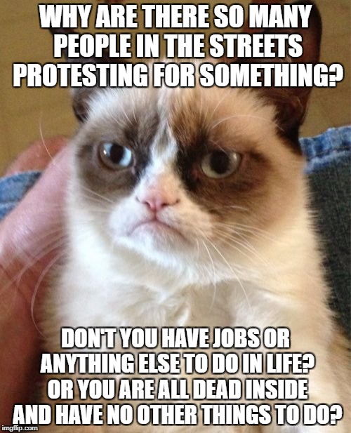 The cause of heavy traffics and mayhem... | WHY ARE THERE SO MANY PEOPLE IN THE STREETS PROTESTING FOR SOMETHING? DON'T YOU HAVE JOBS OR ANYTHING ELSE TO DO IN LIFE? OR YOU ARE ALL DEAD INSIDE AND HAVE NO OTHER THINGS TO DO? | image tagged in memes,grumpy cat,rally,mayhem,opinion,public | made w/ Imgflip meme maker