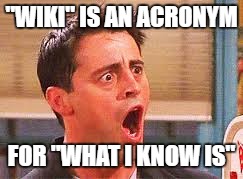 Never could've imagined! | "WIKI" IS AN ACRONYM; FOR "WHAT I KNOW IS" | image tagged in shocked face,friends,wiki | made w/ Imgflip meme maker