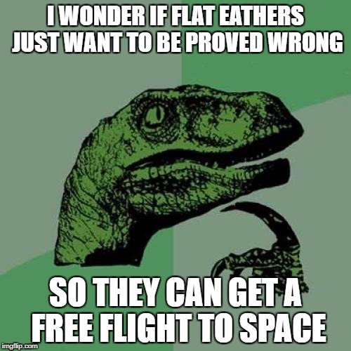 Philosoraptor | I WONDER IF FLAT EATHERS JUST WANT TO BE PROVED WRONG; SO THEY CAN GET A FREE FLIGHT TO SPACE | image tagged in memes,philosoraptor | made w/ Imgflip meme maker