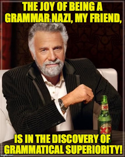 The Most Interesting Man In The World Meme | THE JOY OF BEING A GRAMMAR NAZI, MY FRIEND, IS IN THE DISCOVERY OF GRAMMATICAL SUPERIORITY! | image tagged in memes,the most interesting man in the world | made w/ Imgflip meme maker