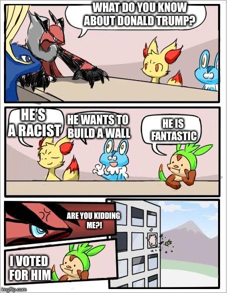 Pokemon are against racism  | WHAT DO YOU KNOW ABOUT DONALD TRUMP? HE IS FANTASTIC; HE’S A RACIST; HE WANTS TO BUILD A WALL; ARE YOU KIDDING ME?! I VOTED FOR HIM | image tagged in pokemon board meeting,pokemon,memes,funny,donald trump | made w/ Imgflip meme maker
