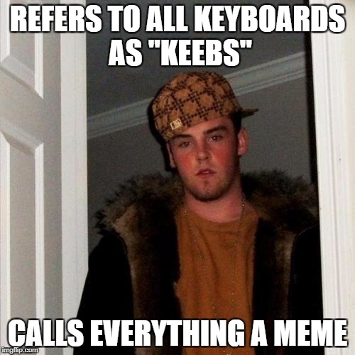 Scumbag Steve Meme | REFERS TO ALL KEYBOARDS AS "KEEBS"; CALLS EVERYTHING A MEME | image tagged in memes,scumbag steve | made w/ Imgflip meme maker