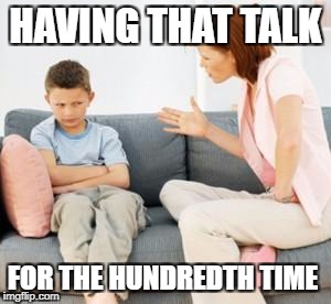 parent scolding child | HAVING THAT TALK; FOR THE HUNDREDTH TIME | image tagged in parent scolding child | made w/ Imgflip meme maker