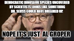 nope it's JUST  AL groper | DEMOCRATIC DINOSAUR SPECIES UNCOVERED BY SCIENTISTS LOOKS LIKE SOMETHING DR. SEUSS COULD HAVE DREAMED UP. NOPE IT'S JUST  AL GROPER | image tagged in groping,al franken | made w/ Imgflip meme maker