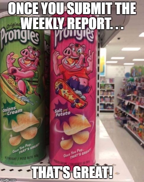 ONCE YOU SUBMIT THE WEEKLY REPORT. . . THAT'S GREAT! | image tagged in prongles | made w/ Imgflip meme maker