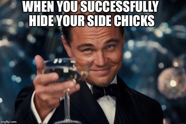 Leonardo Dicaprio Cheers | WHEN YOU SUCCESSFULLY HIDE YOUR SIDE CHICKS | image tagged in memes,leonardo dicaprio cheers | made w/ Imgflip meme maker